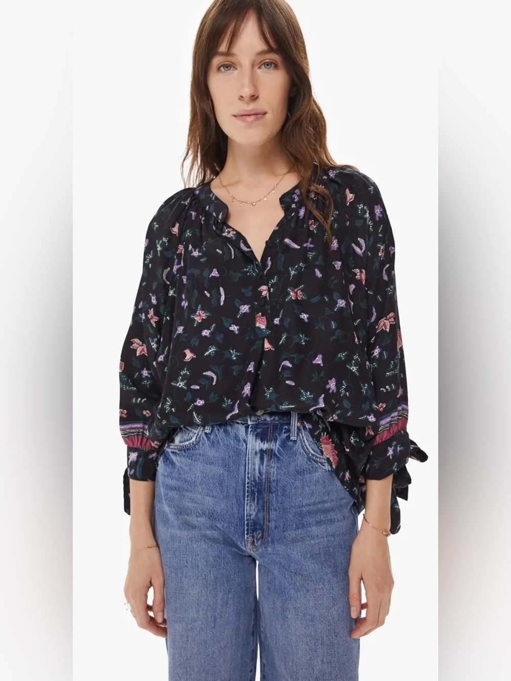 Natalie Martin Renata Blouse XS Lotus Print Nero 100% Silk Boho Oversized $248